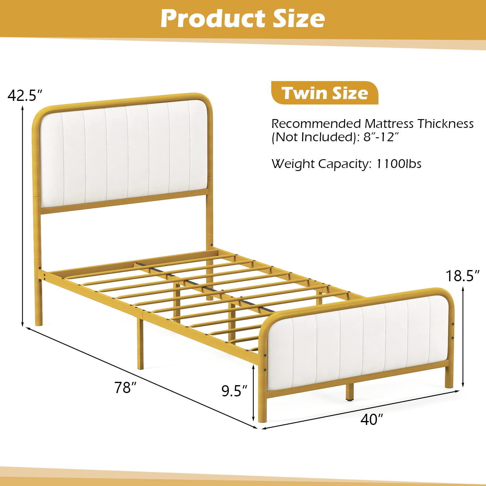 Giantex Twin Size Gold Bed Frame with Velvet Headboard and Footboard, Heavy-duty Metal Slats Support Mattress Foundation