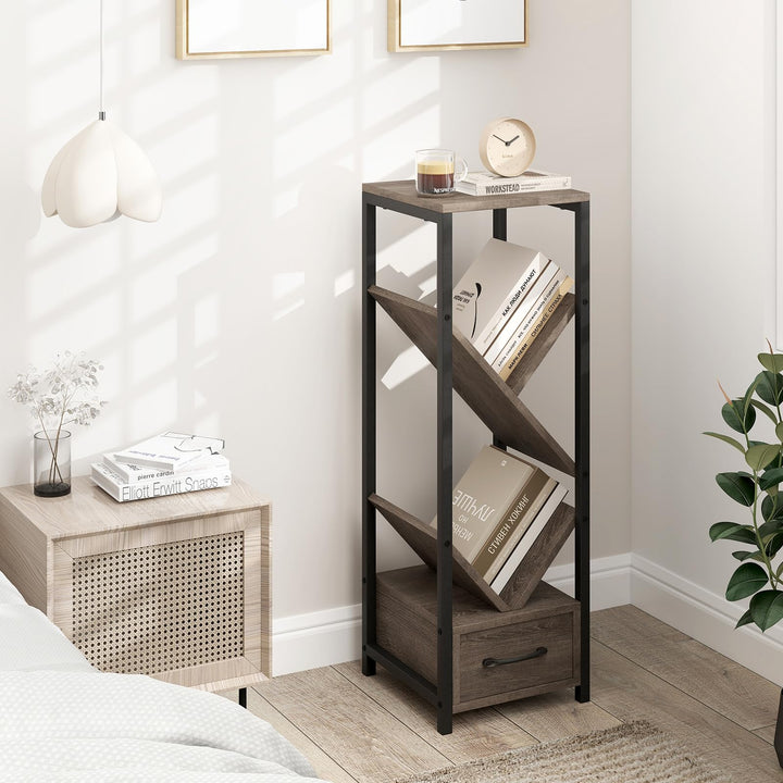 Giantex Tree Bookshelf with Drawer, 4-Tier Narrow Bookcase with Metal Frame, Tall Floor Standing Storage Organizer for Small Space