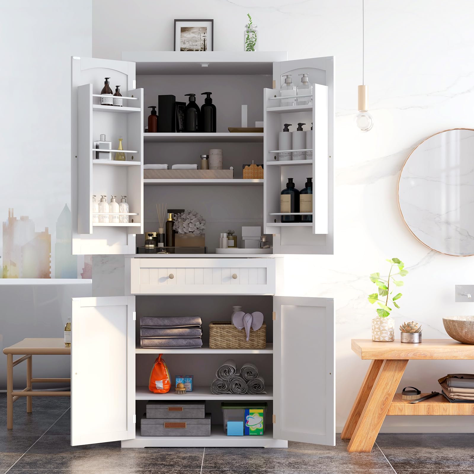 Giantex 72” Freestanding Kitchen Pantry Cabinet, 4 Doors Cupboard Kitchen Cabinet w/ 4 Adjustable Shelves & Drawer
