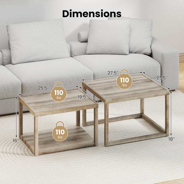 Giantex Nesting Coffee Tables Set of 2 with Storage Shelf Rubber Wood