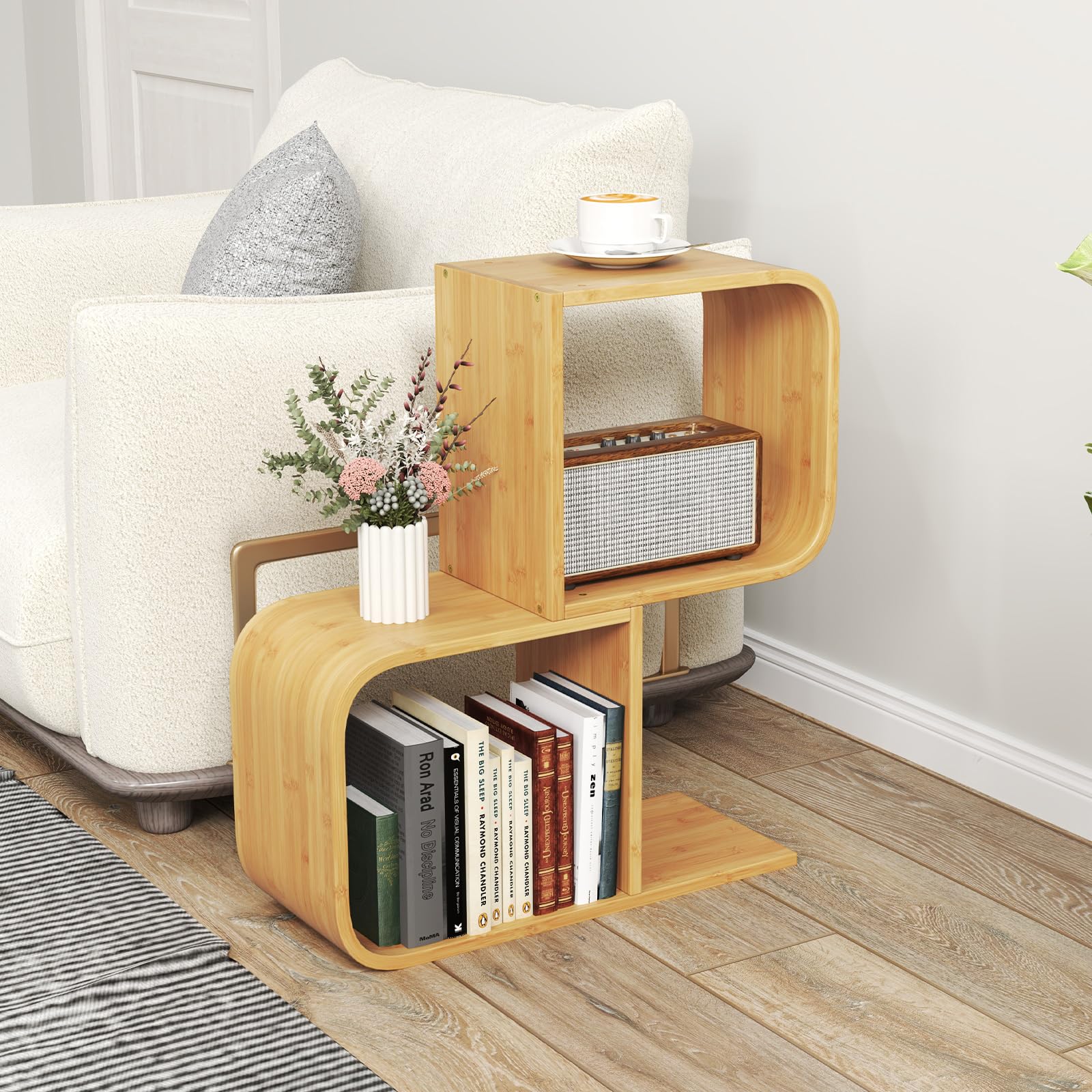 Giantex S-Shaped Bookcase, 2-Tier Bamboo Bookshelf with 2 Open Cubes, Geometric Corner Display Shelf