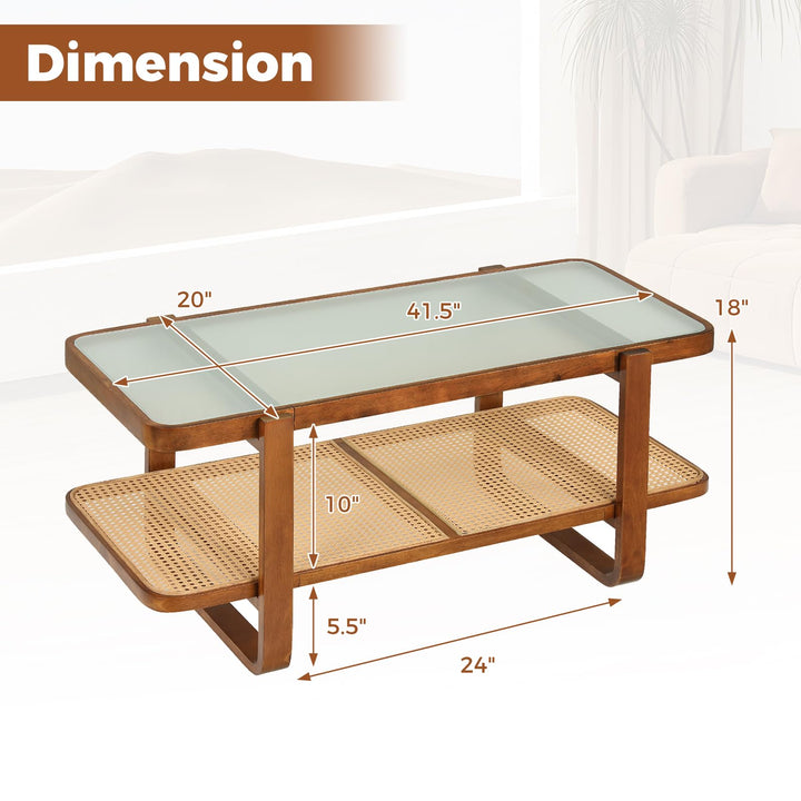 Giantex Rattan Coffee Table | 41.5" Farmhouse Center Table with Storage &amp; Frosted Tempered Glass