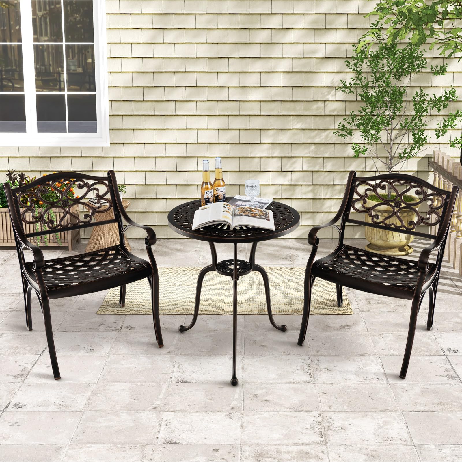 Giantex Cast Aluminum Patio Chairs Set of 2, All Weather Outdoor Dining Chairs w/Armrests and Curved Seats