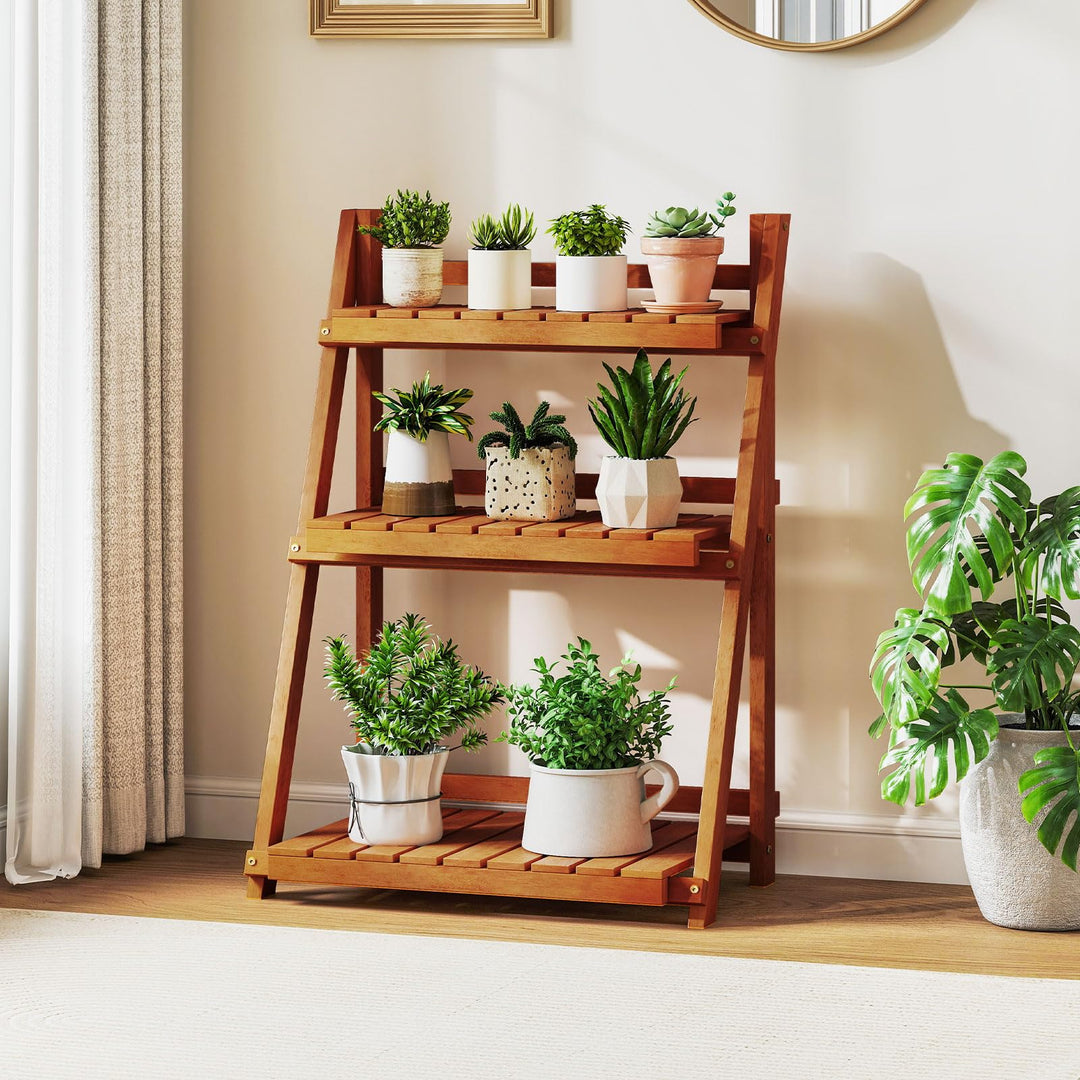 foldable plant pot Giantex Foldable Ladder Plant Shelf 3-Tier Solid Wood Indoor Outdoor Flower Pot Display Rack