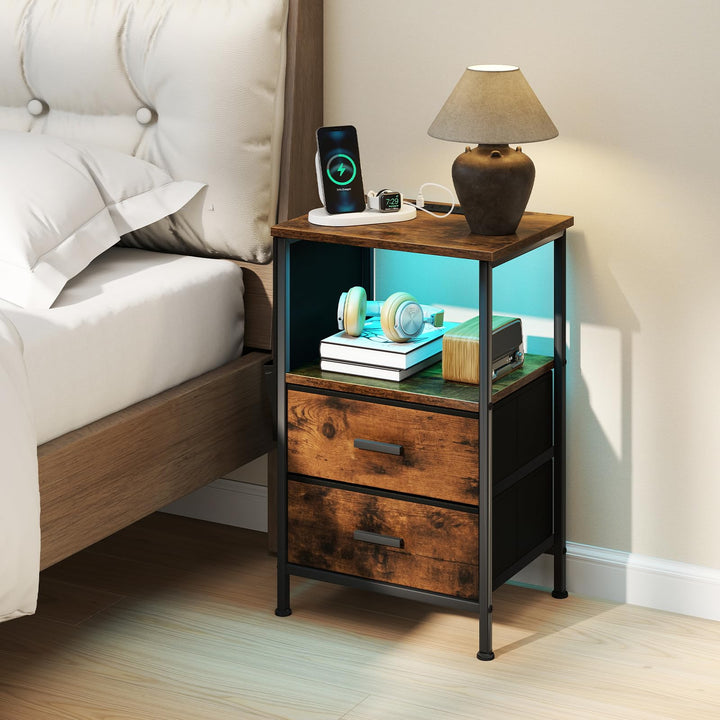 Giantex Night Stand with Charging Station | LED Sofa End Table w/2 Folding Fabric Drawers