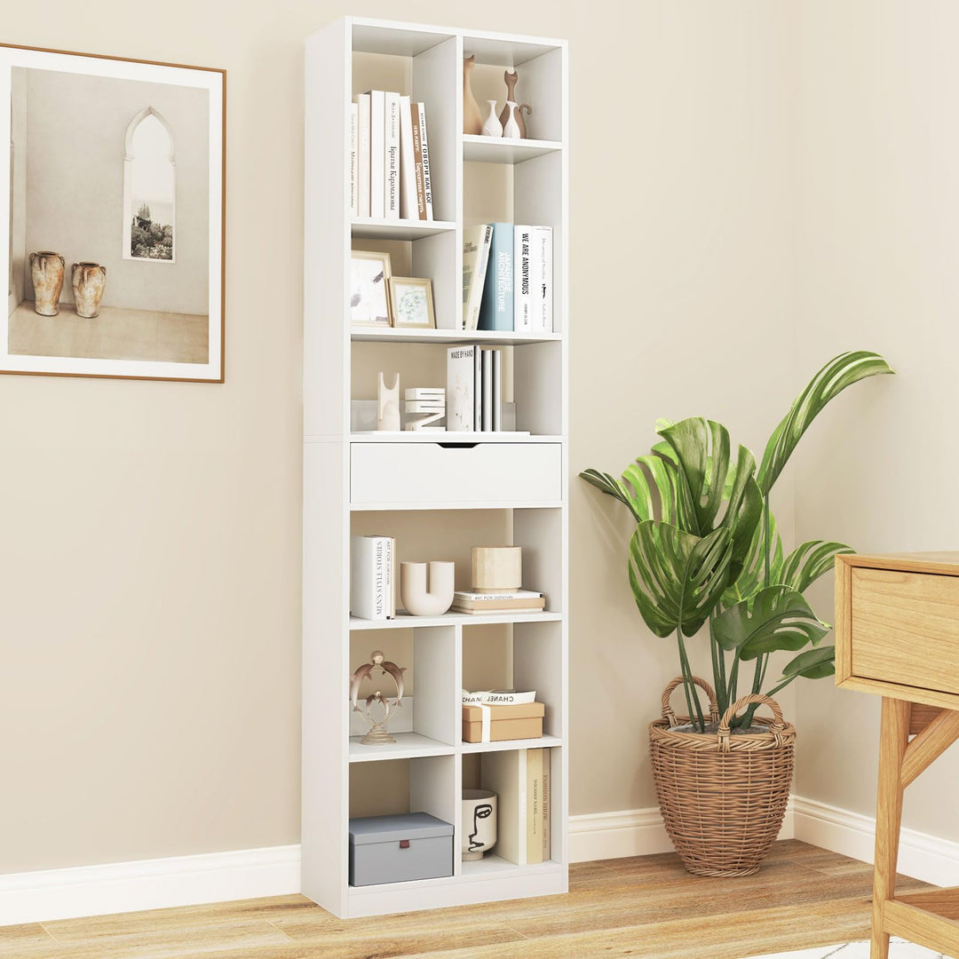 Giantex 71" Bookcase with Drawer Tall Freestanding Bookshelf with 10 Open Cubes
