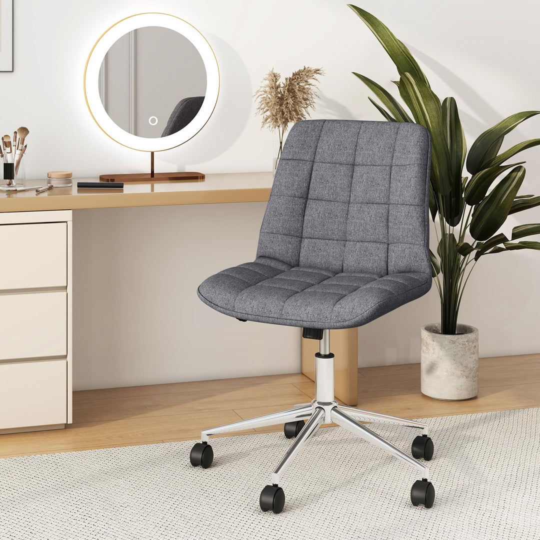 Giantex Armless Office Chair, Linen Fabric Vanity Chair with Wheels & Adjustable Height, 360° Rolling Swivel Task Computer Chair
