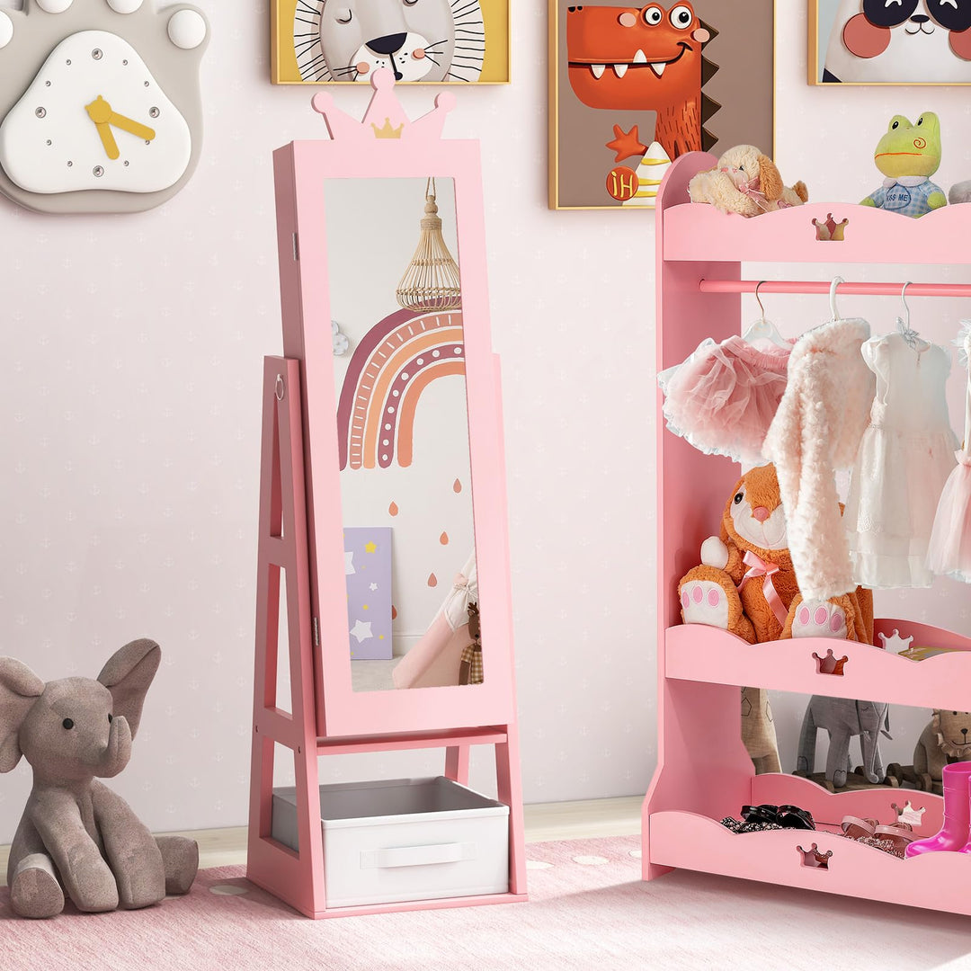 CHARMAID Kids Mirror Jewelry Cabinet - 45.5'' Standing Jewelry Armoire with Full Length Mirror