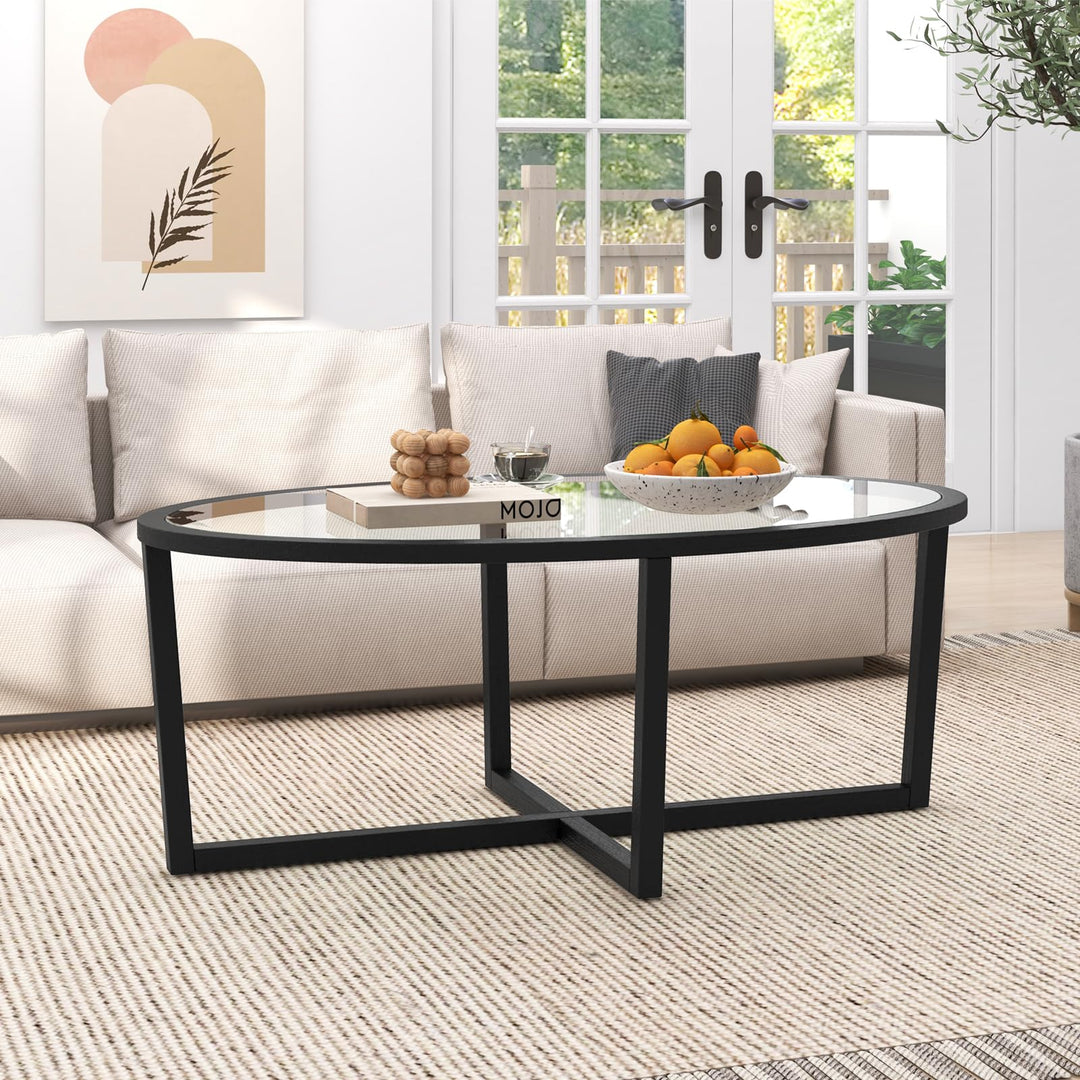 Giantex Glass Coffee Table, 46.5" Oval Accent Sofa Tea Table with Tempered Glass Top, Cross Base & Acacia Wood Legs