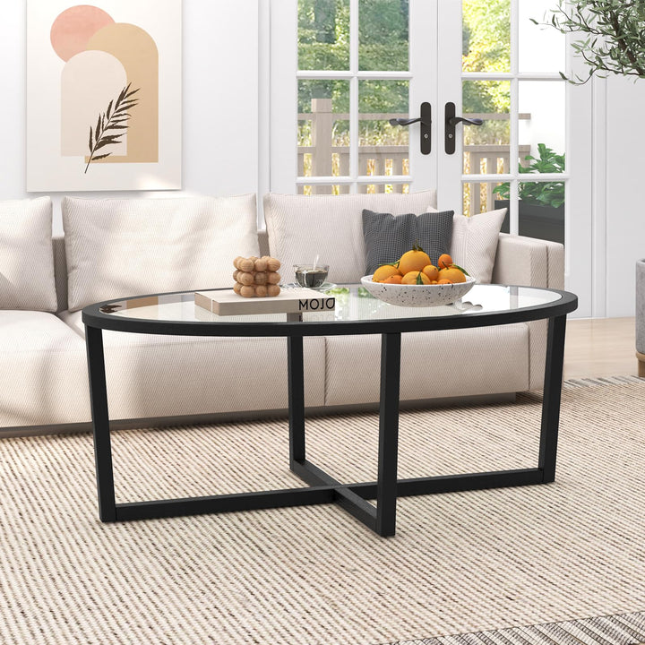 Giantex Glass Coffee Table, 46.5" Oval Accent Sofa Tea Table with Tempered Glass Top, Cross Base & Acacia Wood Legs