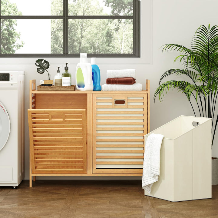 Giantex 20 Gal Bamboo Tilt Out Laundry Hamper with 2 Removable & Foldable Fabric Bins