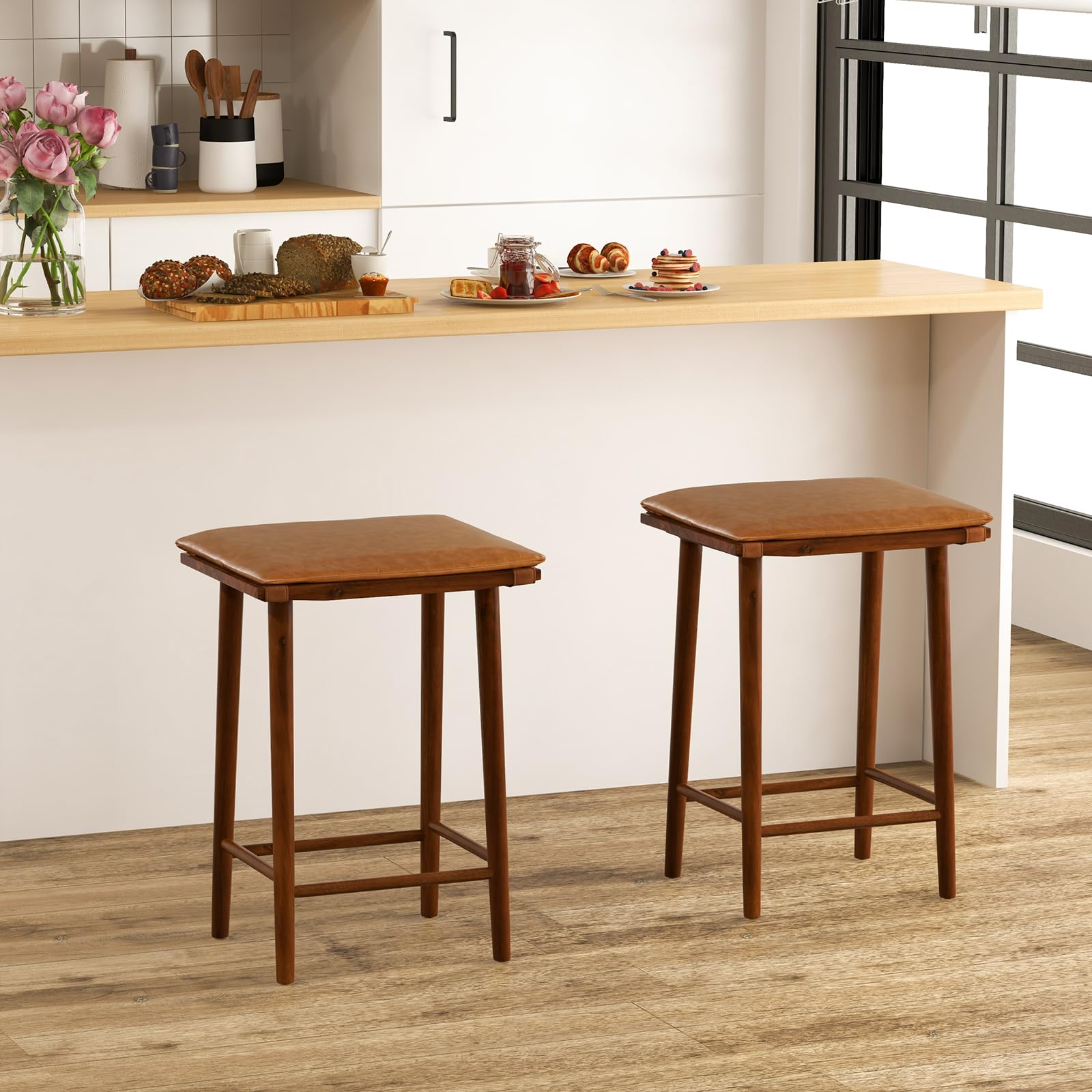 Giantex Bar Stools Set of 4, Wooden Backless Barstools for Kitchen Island
