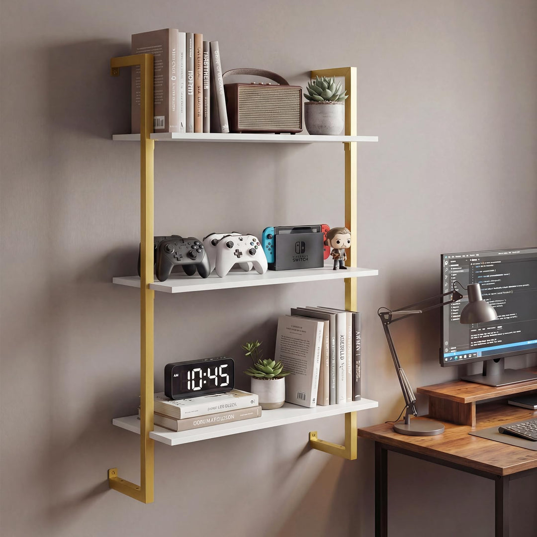Giantex 3-Tier Modern Floating Wall-Mounted Bookshelf with Metal Frame (1/2)
