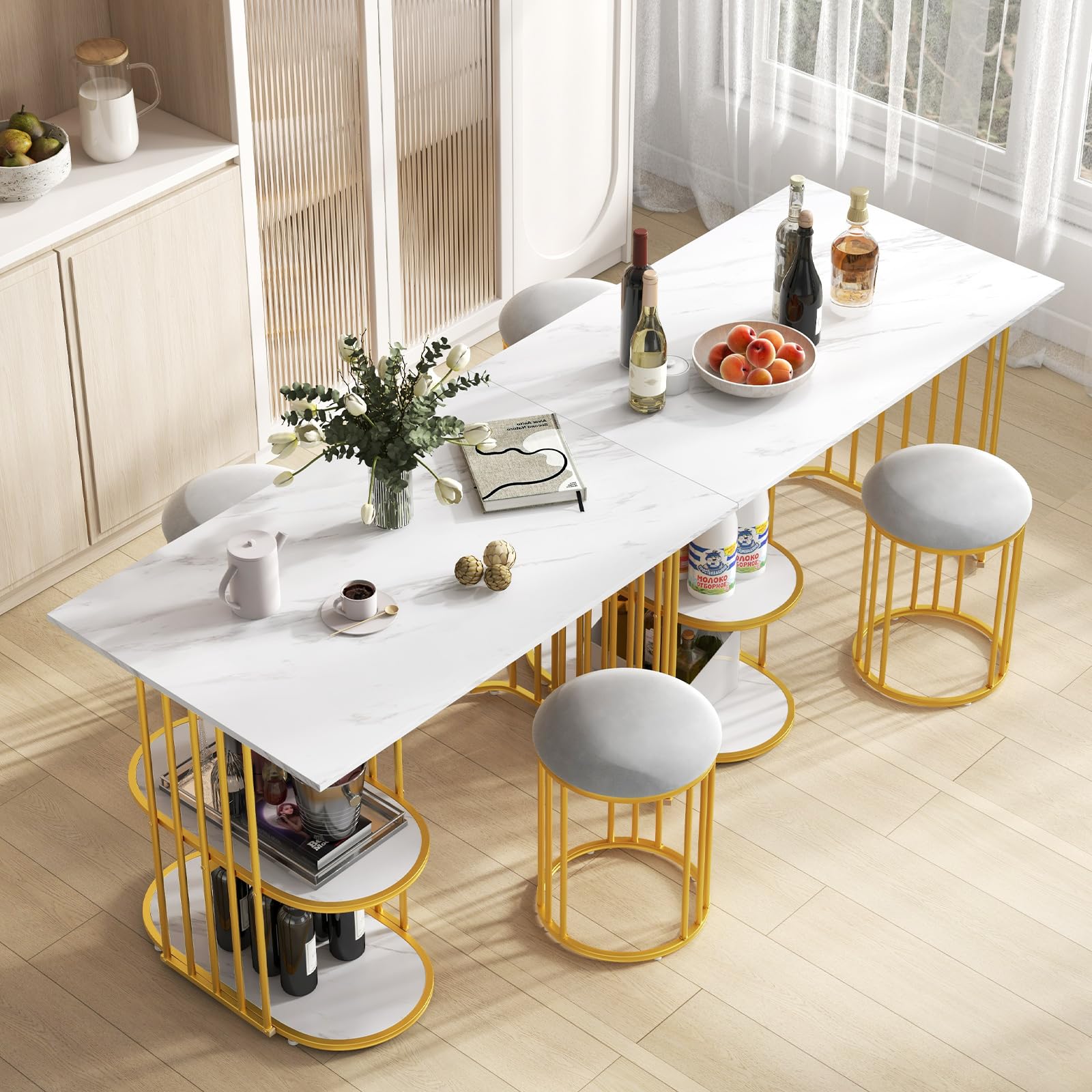 Giantex 3-Piece Dining Table Set for 2, Rectangular Kitchen Table with 2 Stools, 2-Tier Storage Shelf