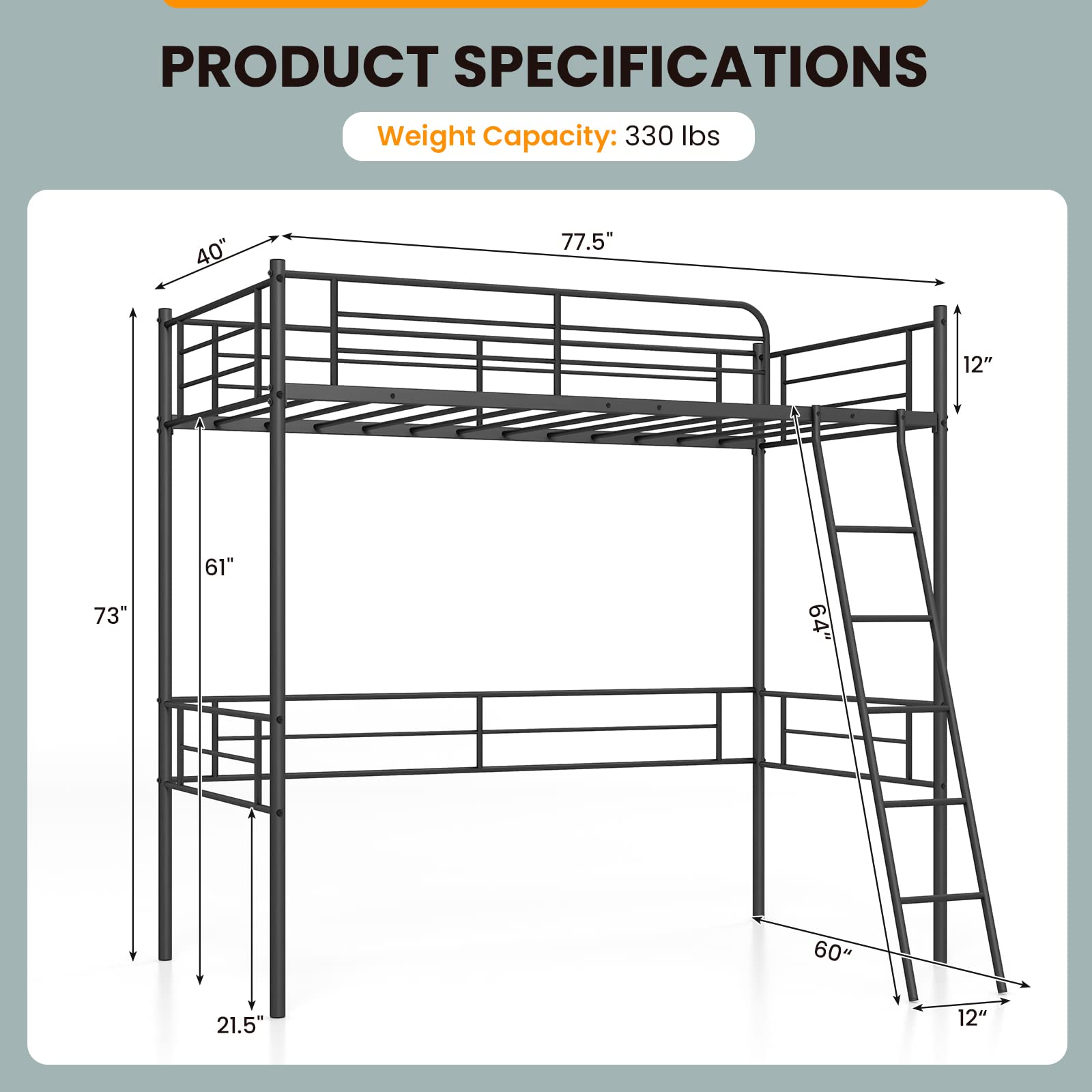 Metal Loft Bed Twin Size - Giantex