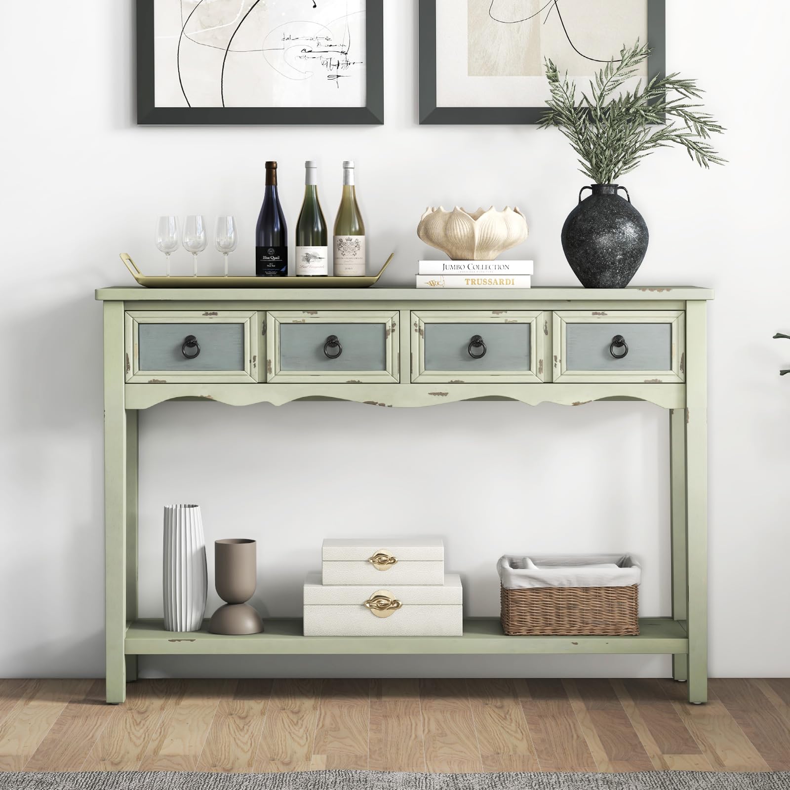 Giantex Narrow Console Table with Storage - 48” Antique Entryway Table with 4 Drawers, Open Shelf, Solid Wood Legs