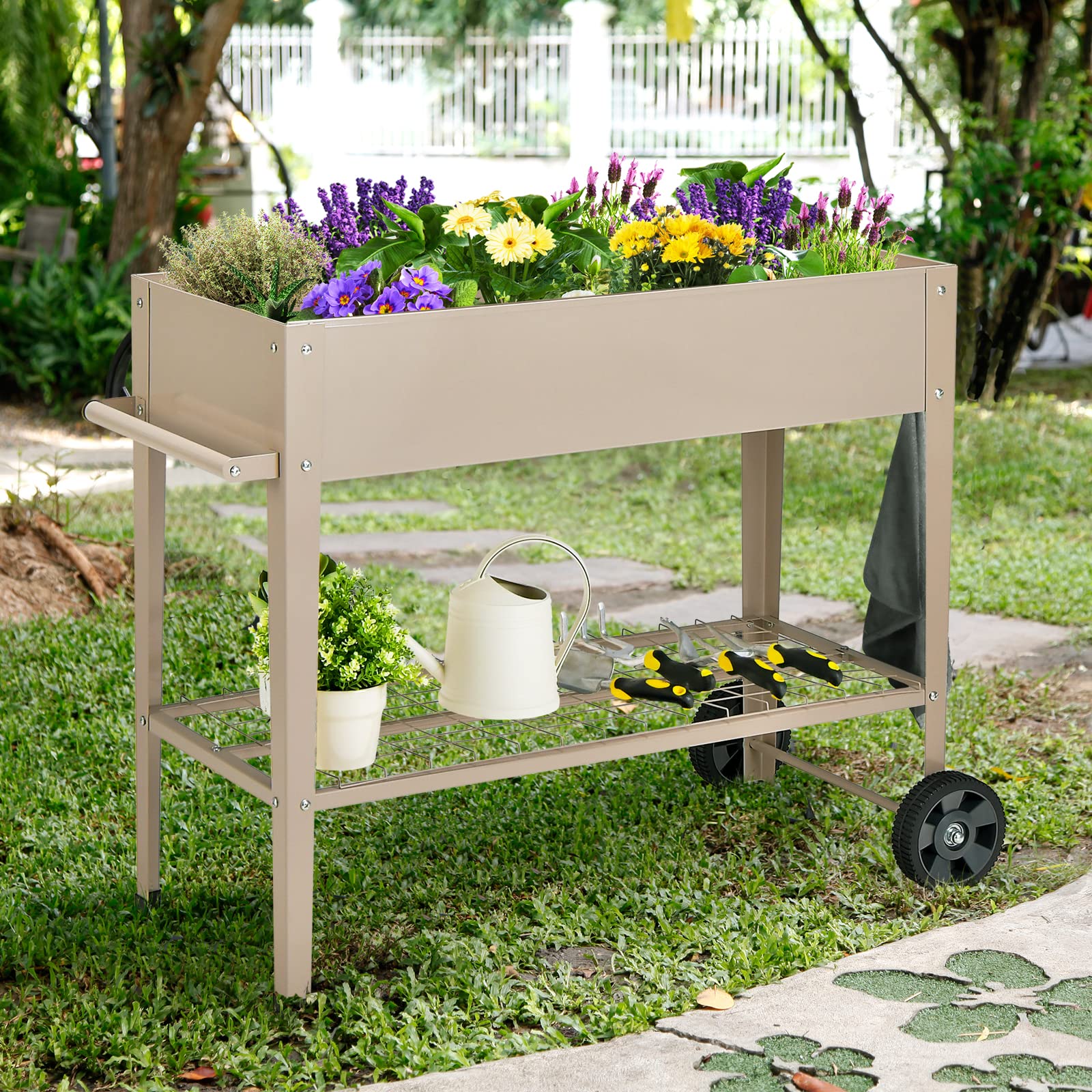 Giantex Raised Garden Bed with Legs, Metal Planter Box with Wheels, Storage Shelf (Light Brown)