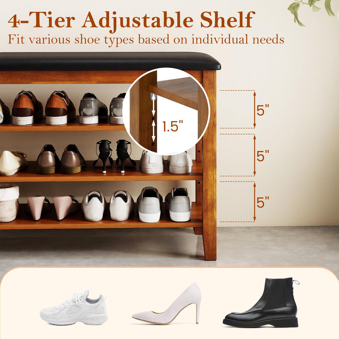 Giantex 4-Tier Shoe Rack Bench | Rubber Wood Entryway Bench with Adjustable Shelves