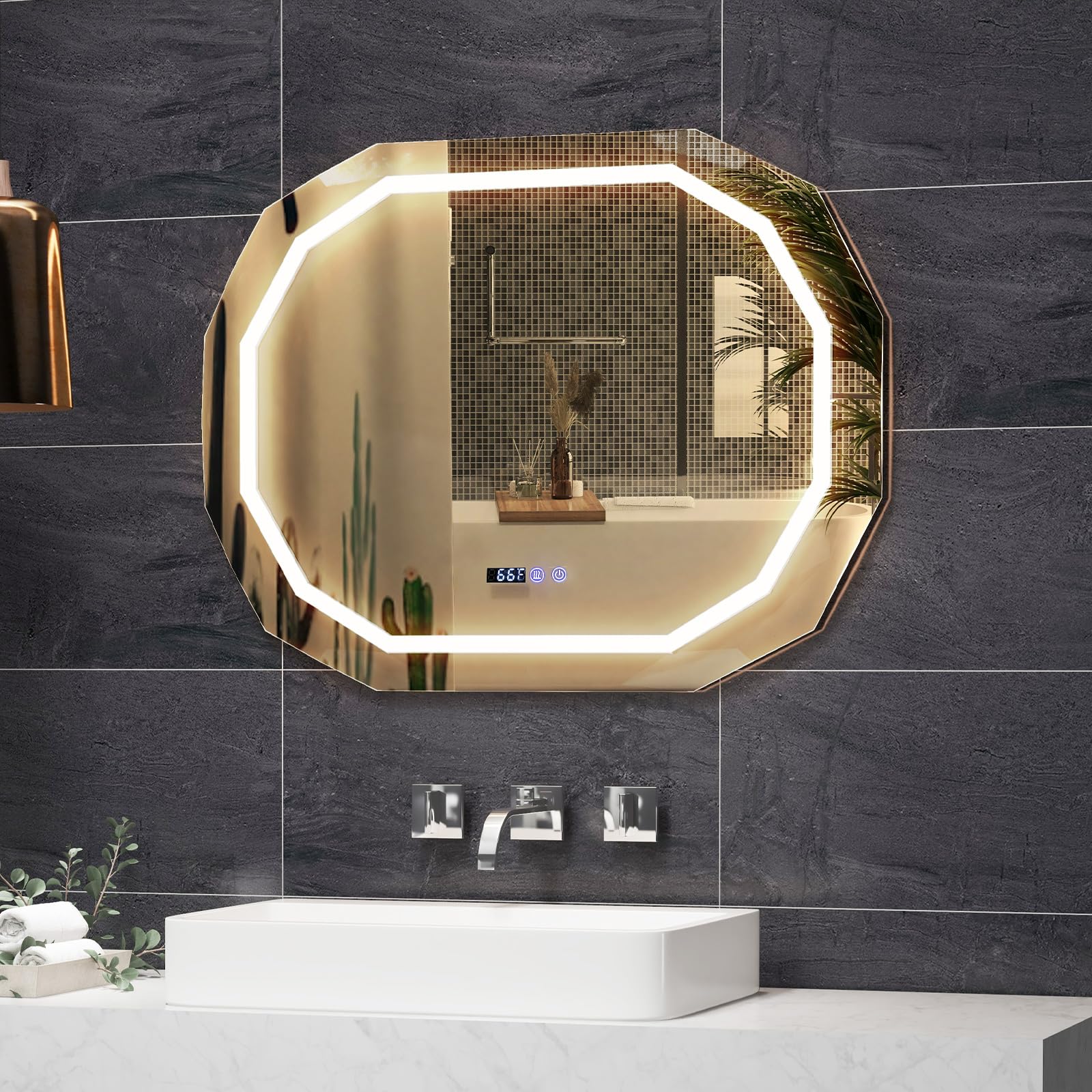 LED Bathroom Mirror, Lighted Beveled Edge Vanity Mirror Wall Mounted