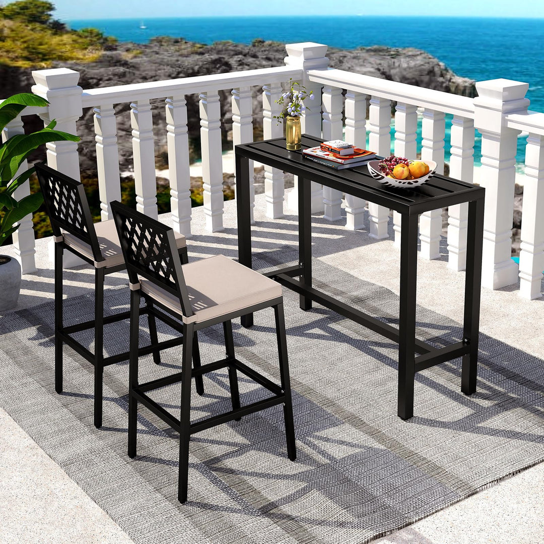 Giantex 48" Outdoor Rectangle Bar Table with Counter Height Slatted Top & Footrest, Black