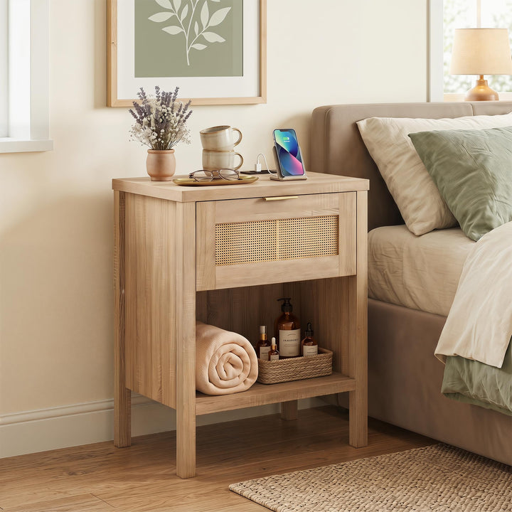 Giantex Rattan Night Stand with Drawer and Open Shelf (1/2)