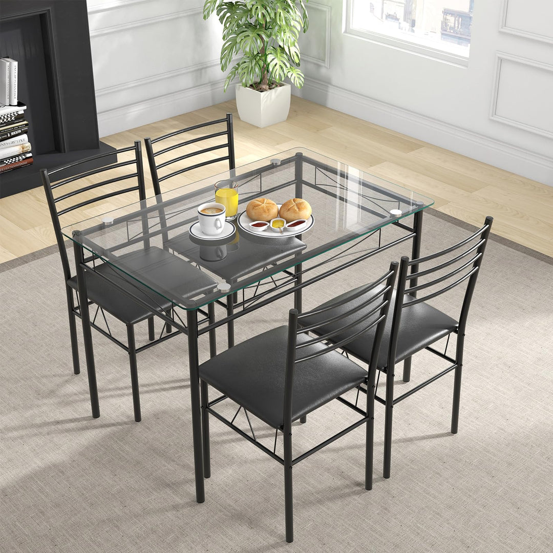Giantex 5 Piece Dining Table Set, Kitchen Dining Set with Tempered Glass Table Top and 4 Upholstered Chairs (Black)