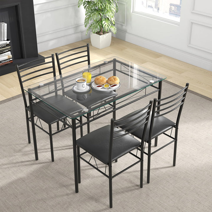 Giantex 5 Piece Dining Table Set, Kitchen Dining Set with Tempered Glass Table Top and 4 Upholstered Chairs (Black)