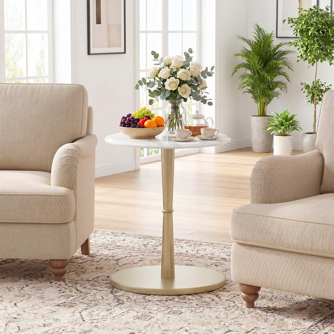 Giantex Round Marble Side Table w/Stone Finish &amp; Wooden Pedestal (1/2)