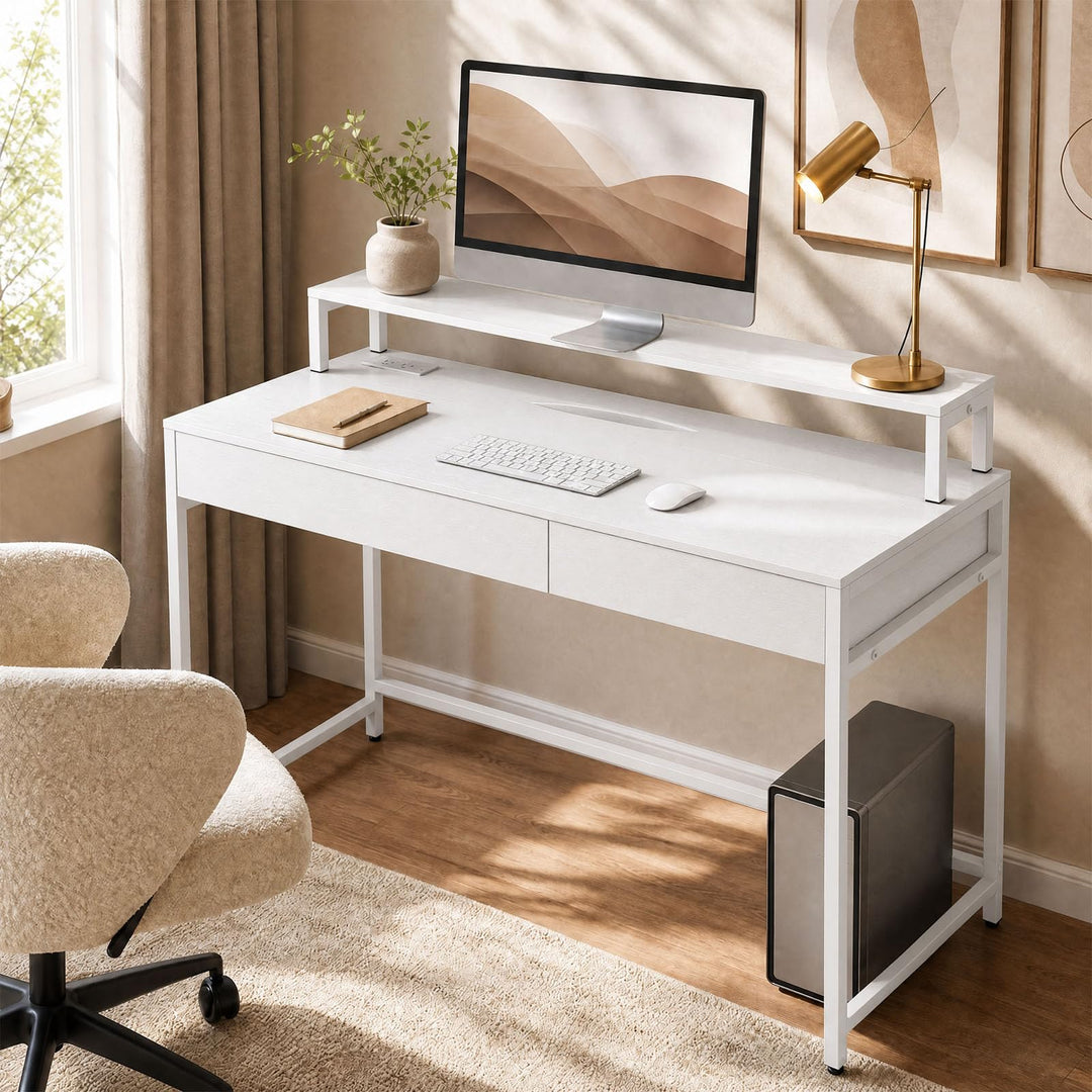 GIANTEX Computer Desk with Power Outlets &amp; Removable Monitor Shelf