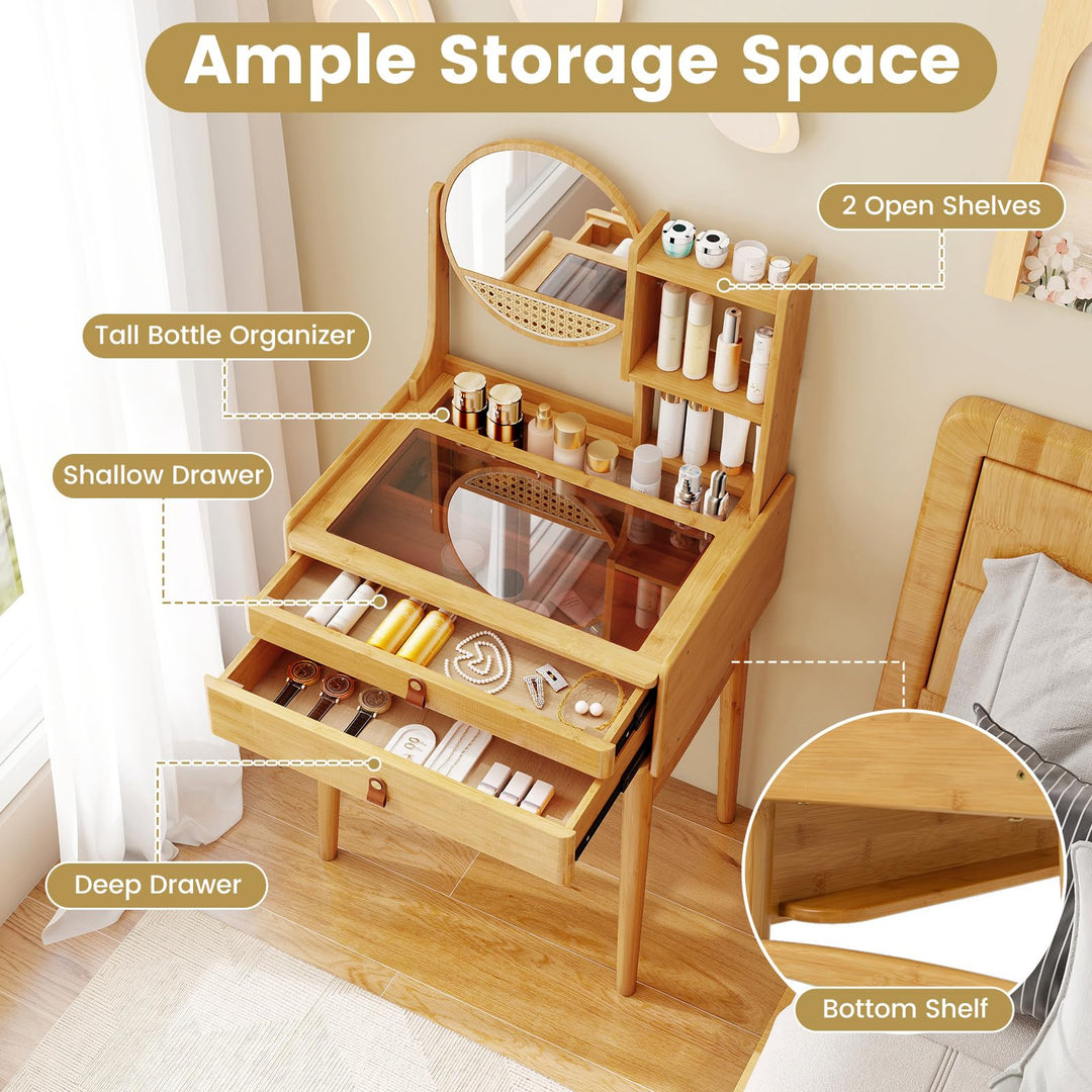CHARMAID Small Vanity Desk with Mirror Glass Top Bamboo Makeup Vanity Table