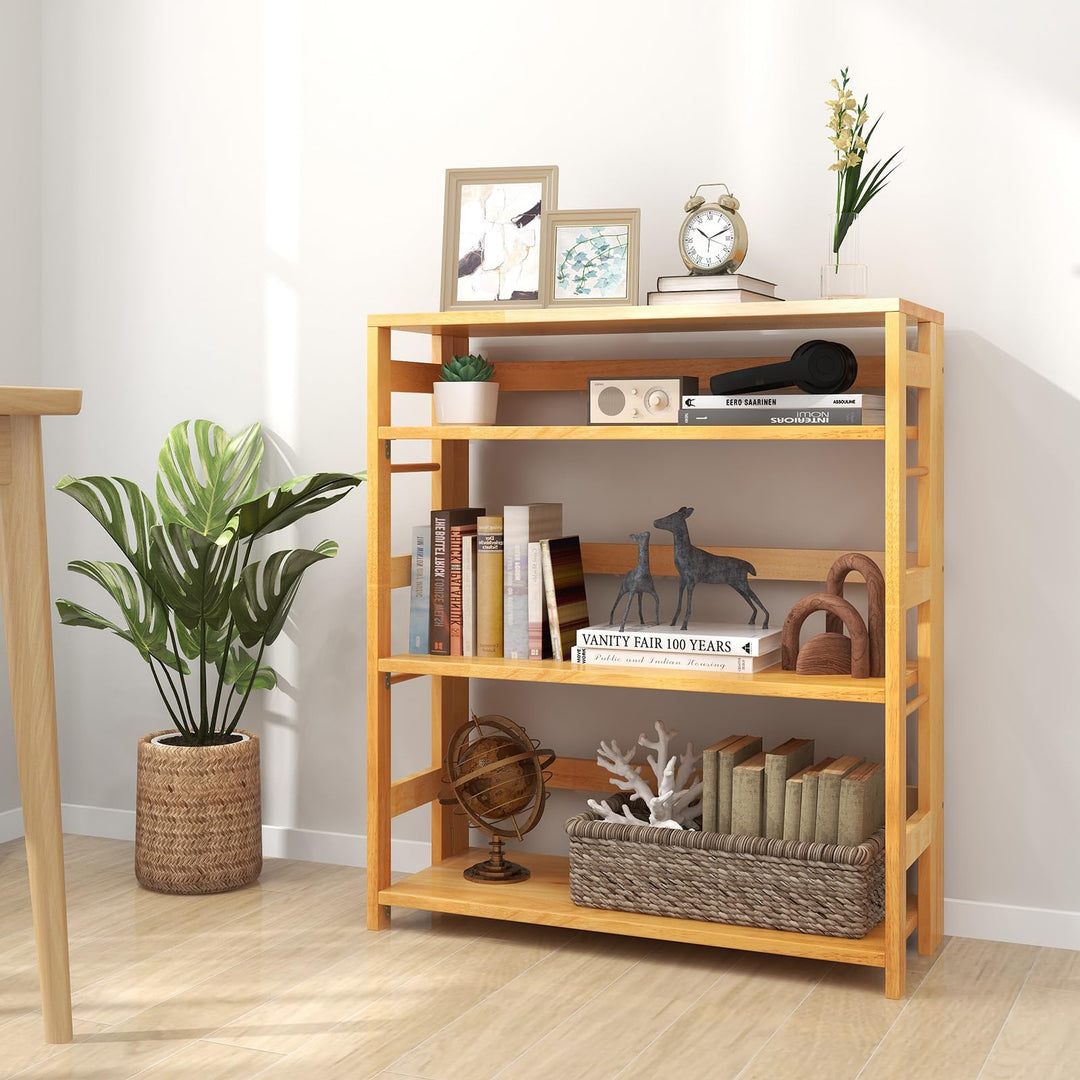 Giantex 4-Tier Bookshelf, 34.5" Floor Storage Shelf w/Rubber Wood Frame, Anti-Toppling Kits, Side Fences