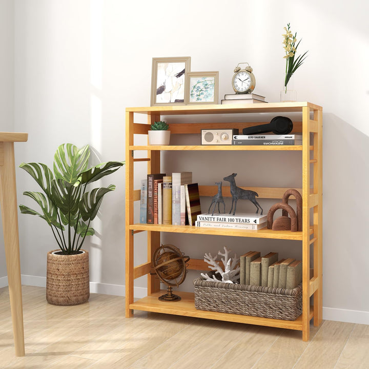 Giantex 4-Tier Bookshelf, 34.5" Floor Storage Shelf w/Rubber Wood Frame, Anti-Toppling Kits, Side Fences