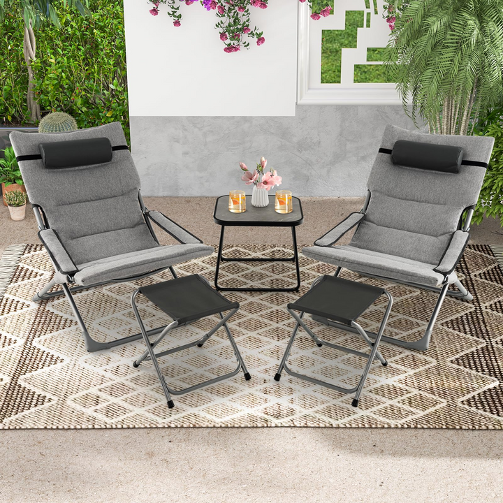 Giantex 5-Piece Patio Bistro Set, Folding Lounge Chairs with Footrest Stool & Side Table, Removable Cushion
