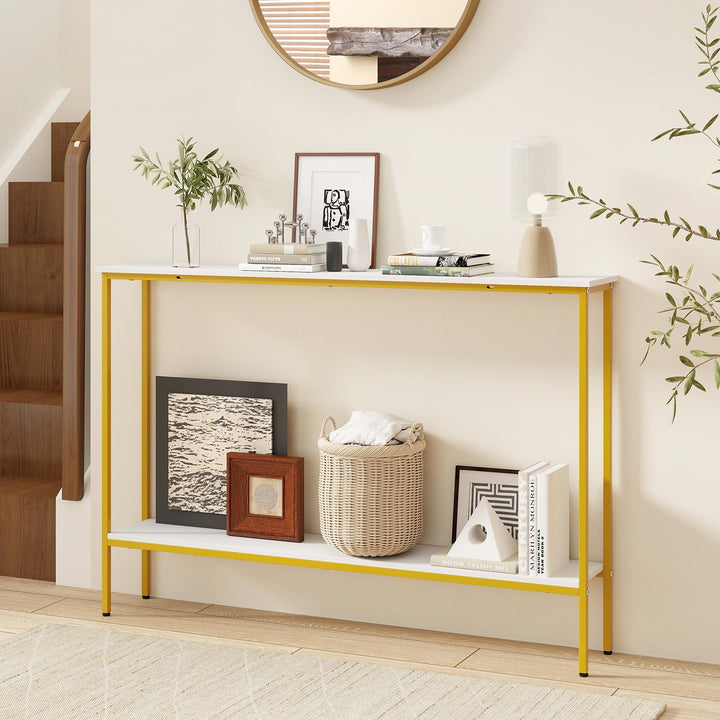 Giantex Gold Console Table with Shelf, 44" Narrow Entryway Table w/Dual Anti-Tipping Kits & Golden Metal Frame