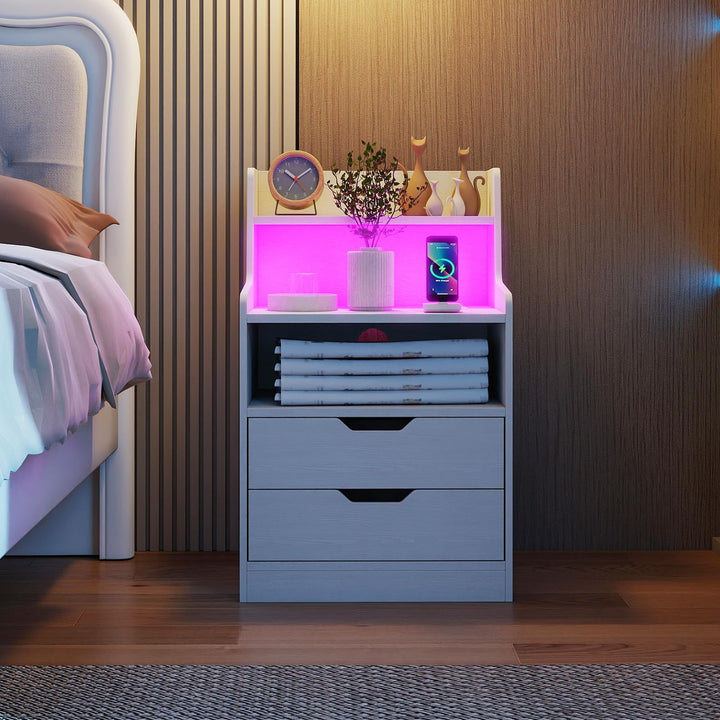 Giantex Nightstand with LED Light and Charging Station for Living Room Bedroom