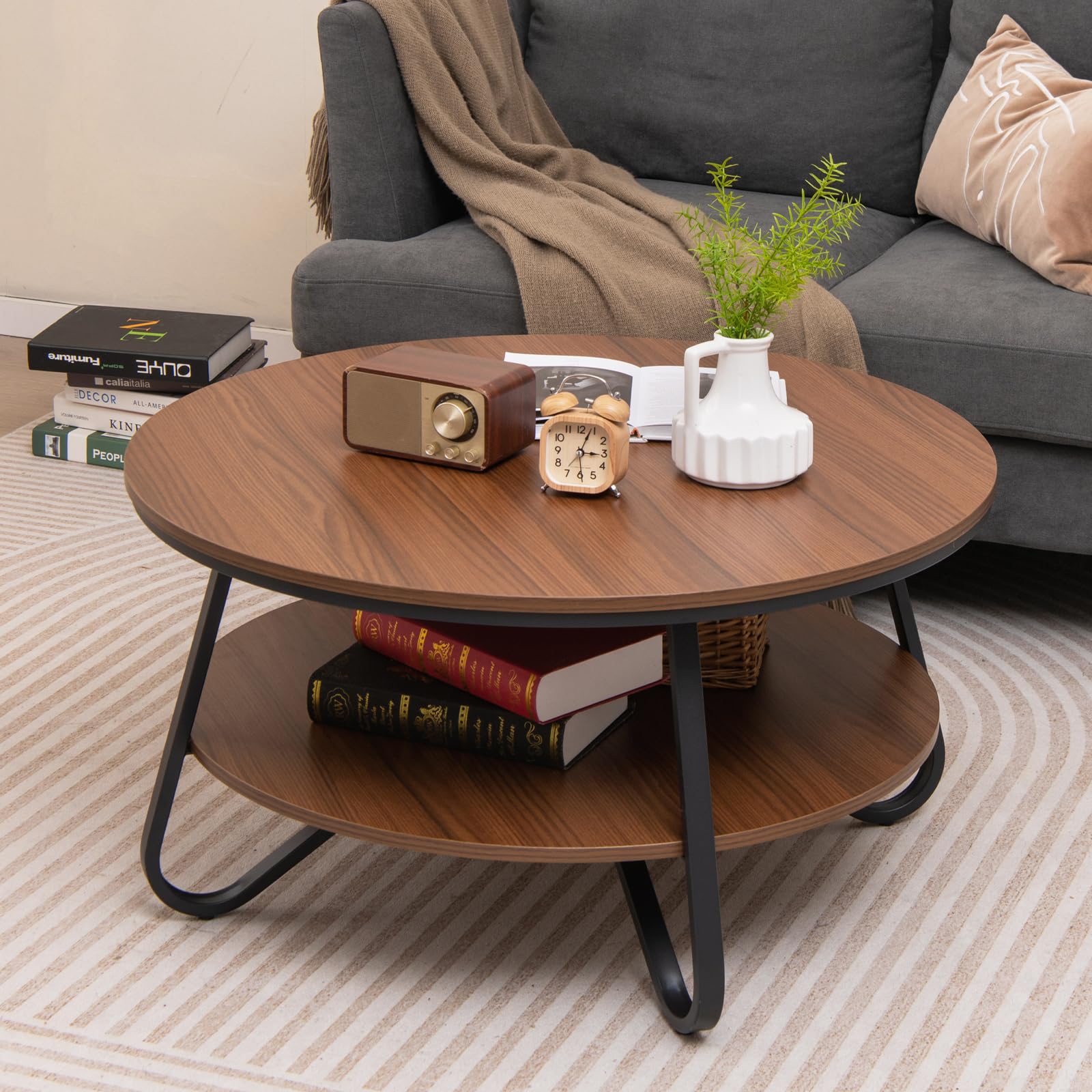 Giantex 2-Tier Round Coffee Table, 33.5" Wood Coffee Table with Open Storage Shelf