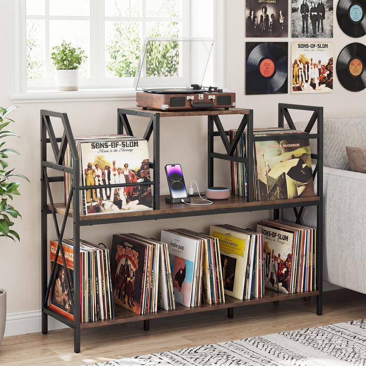 Giantex Large Record Player Stand with Charging Station &amp; Dividers for Albums