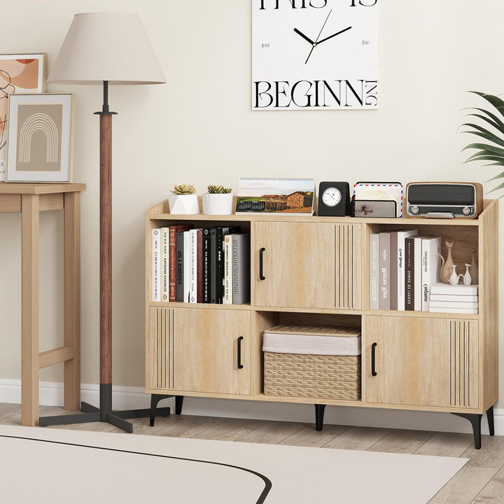 Giantex Storage Cabinet, Sideboard with 3 Doors, 3 Open Compartments, Bookcase with 5 Raised Metal Legs