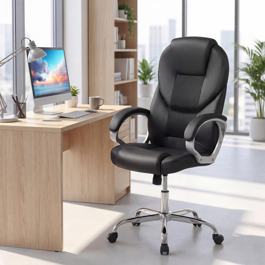 Giantex Leather Office Chair | Ergonomic Mesh Executive Chair with Padded Armrests &amp; Rocking Backrest