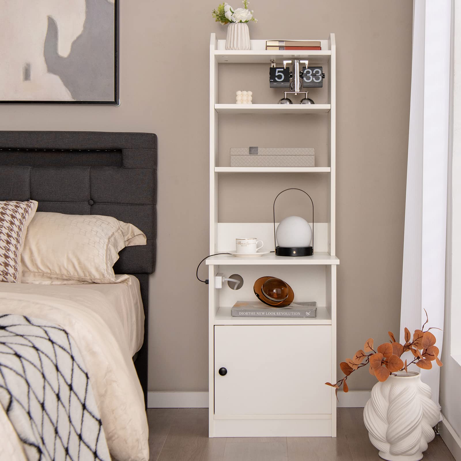 Giantex Nightstand with Charging Station - 55" Tall Bedside Table