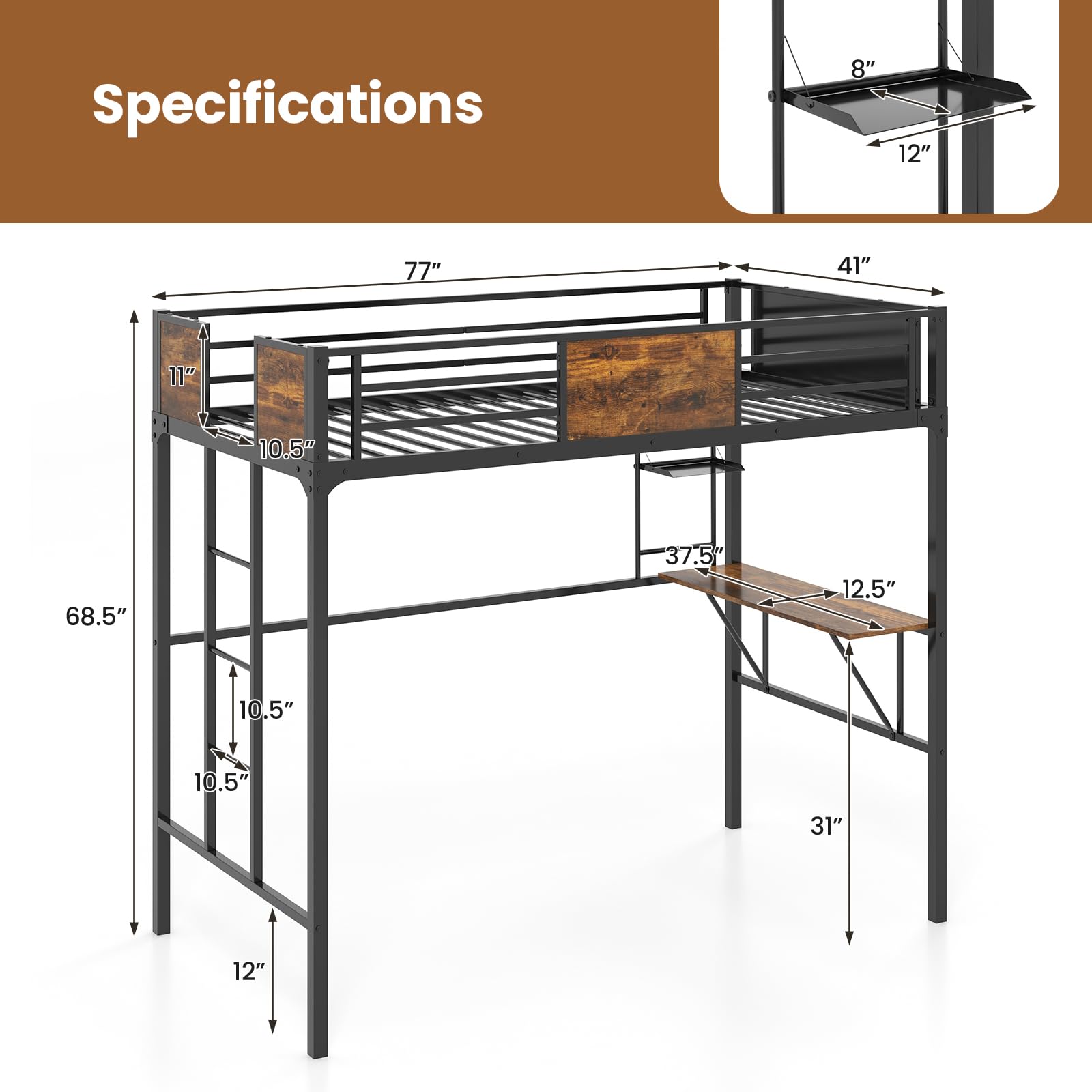 Giantex Loft Bed Twin Size with Desk and Storage Shelf