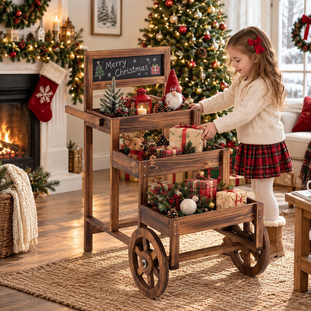 GIANTEX 3-Tier Wooden Plant Stand with Chalkboard &amp; Wheels