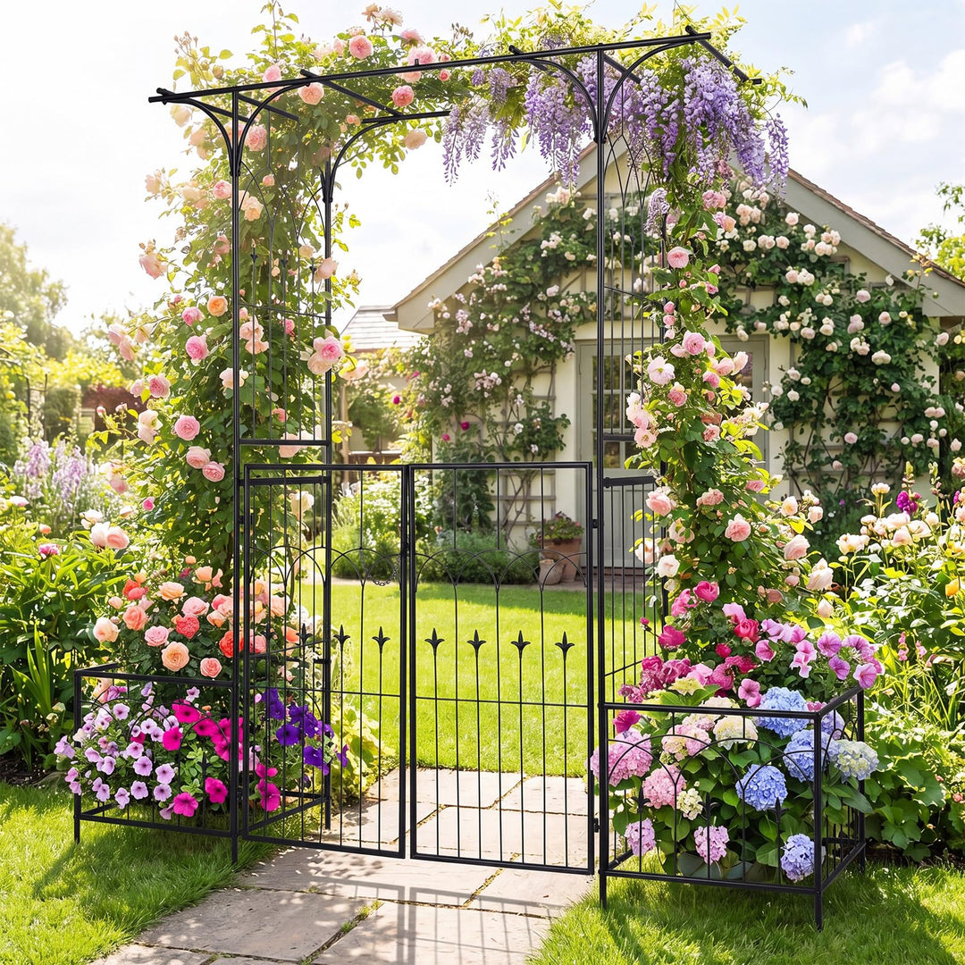 Giantex 79" W x 81" H Metal Garden Arbor with Gate and Planter