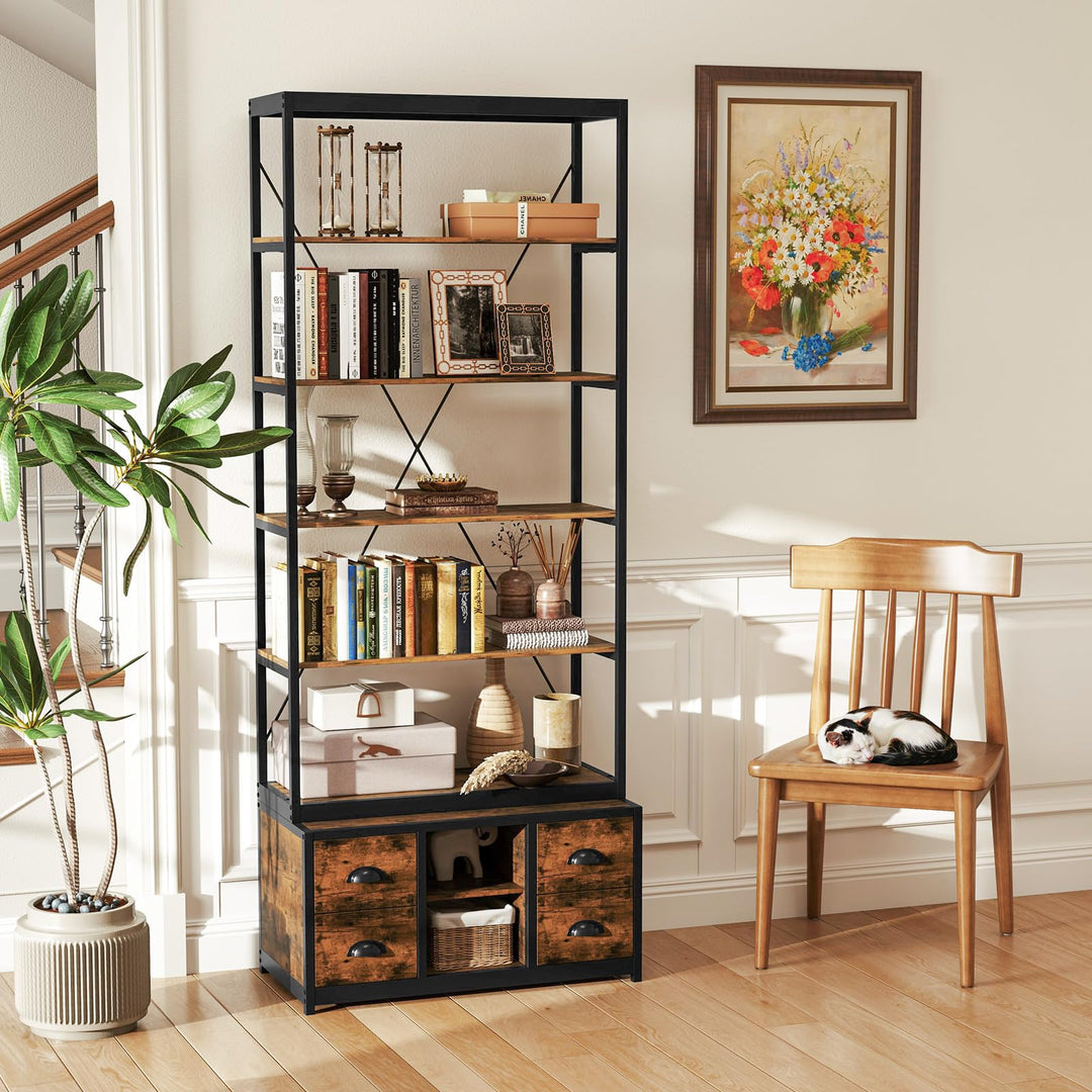 Giantex 5-Tier Industrial Bookshelf, Triple Wide Heavy-Duty Metal Frame Bookcases w/ 14 Open Shelves