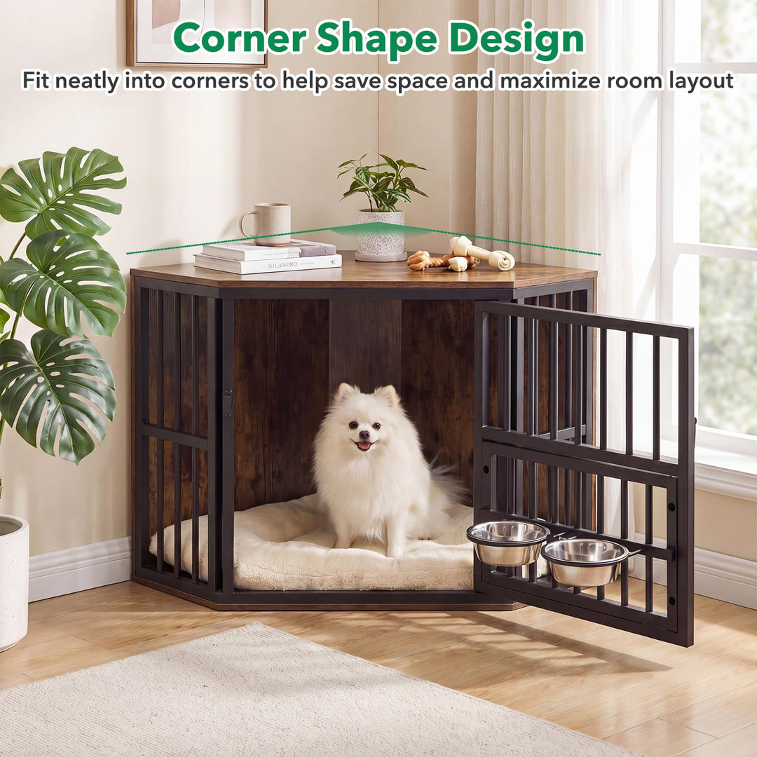 Giantex Corner Dog Crate Furniture with Adjustable &amp; Reversible Elevated Feeder