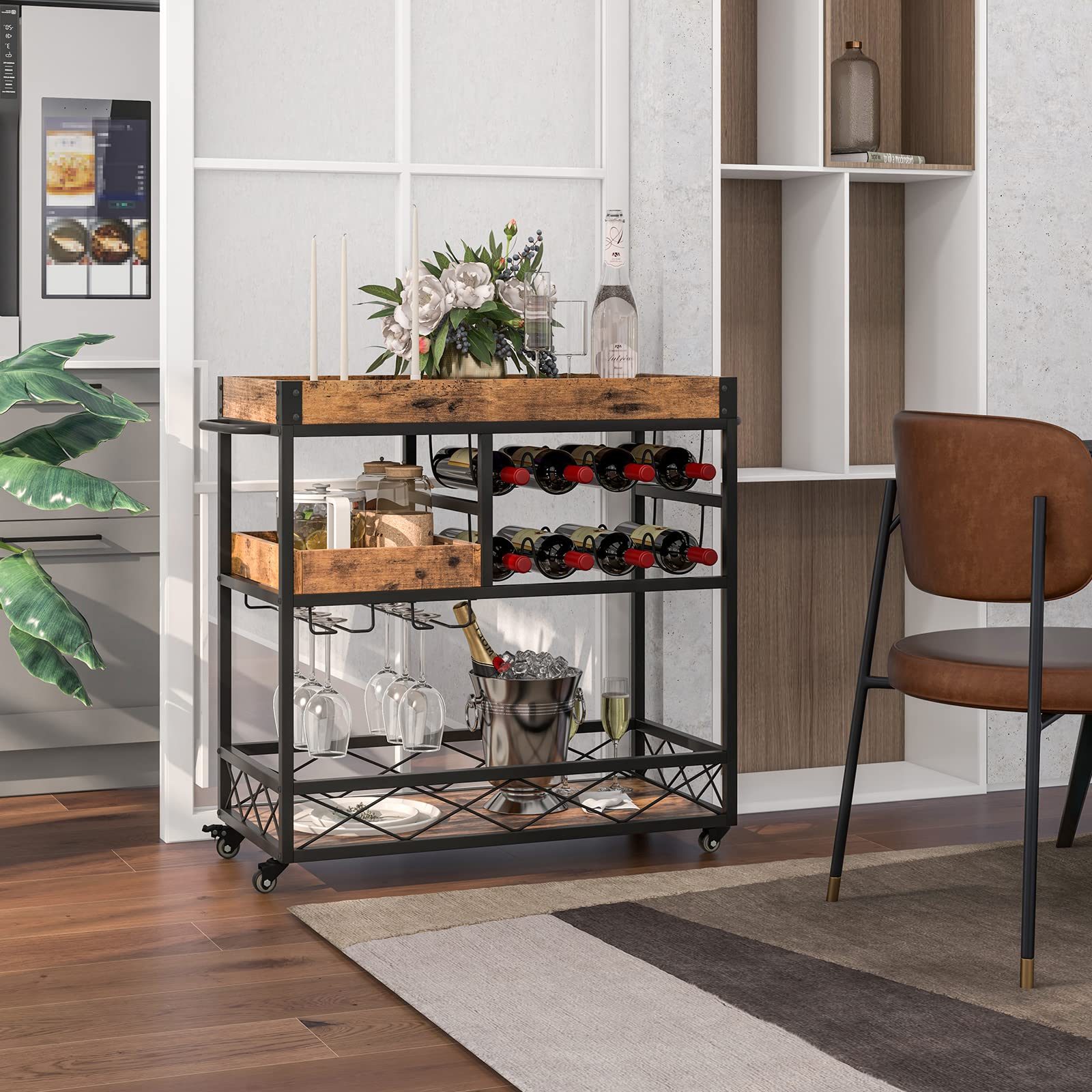 Giantex Home Bar Serving Cart, 3-Tier Rolling Bar Cart with Removable Tray, Wine Rack & Glass Holder, Rustic Brown