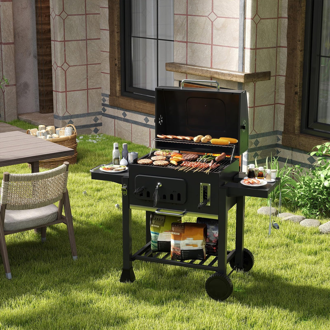 Giantex 24" Charcoal BBQ Grill with Adjustable Charcoal Tray Thermometer Foldable Side Tables