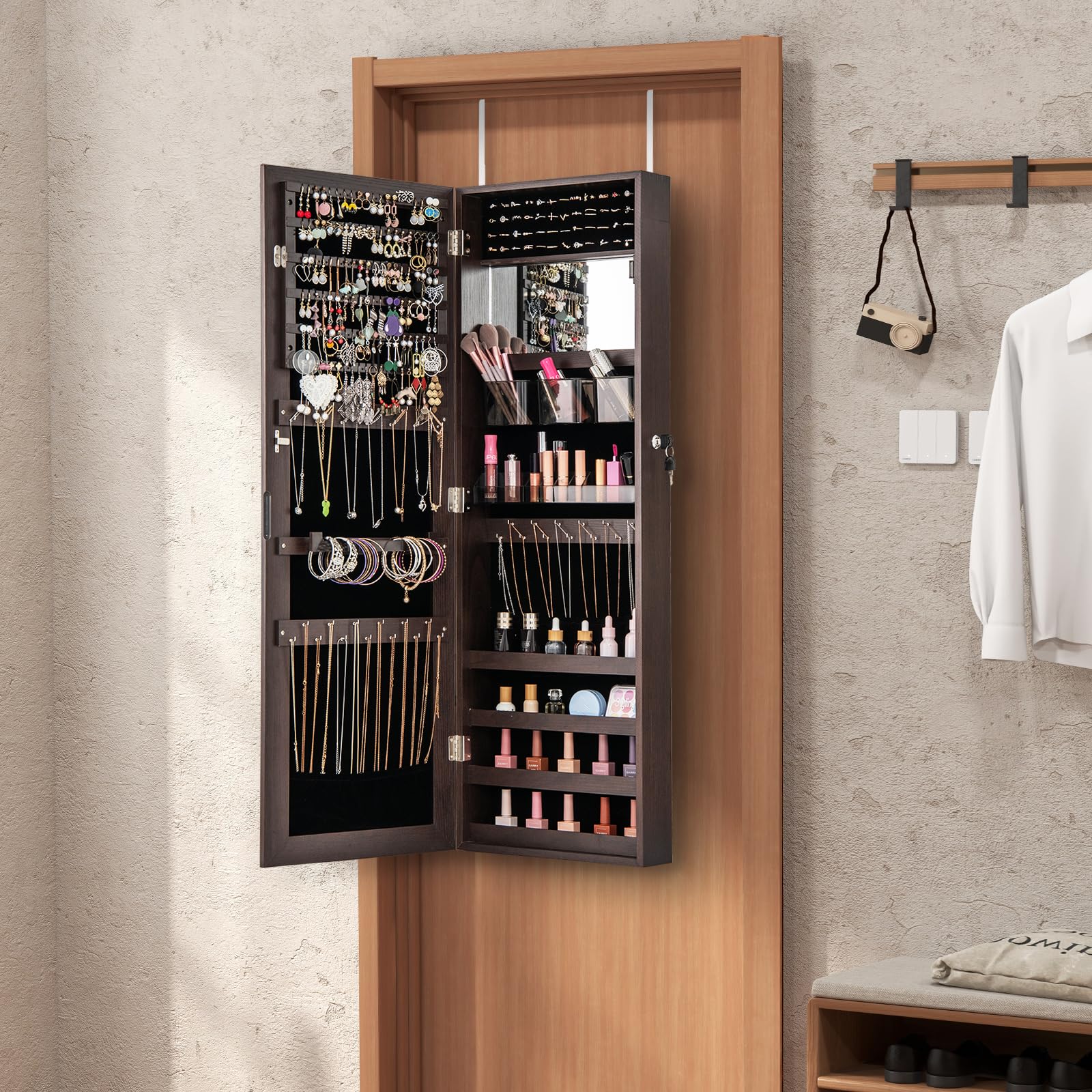 CHARMAID Jewelry Cabinet Wall or Door Mounted, Hanging Lockable Jewelry Armoire Storage with Full Length Mirror