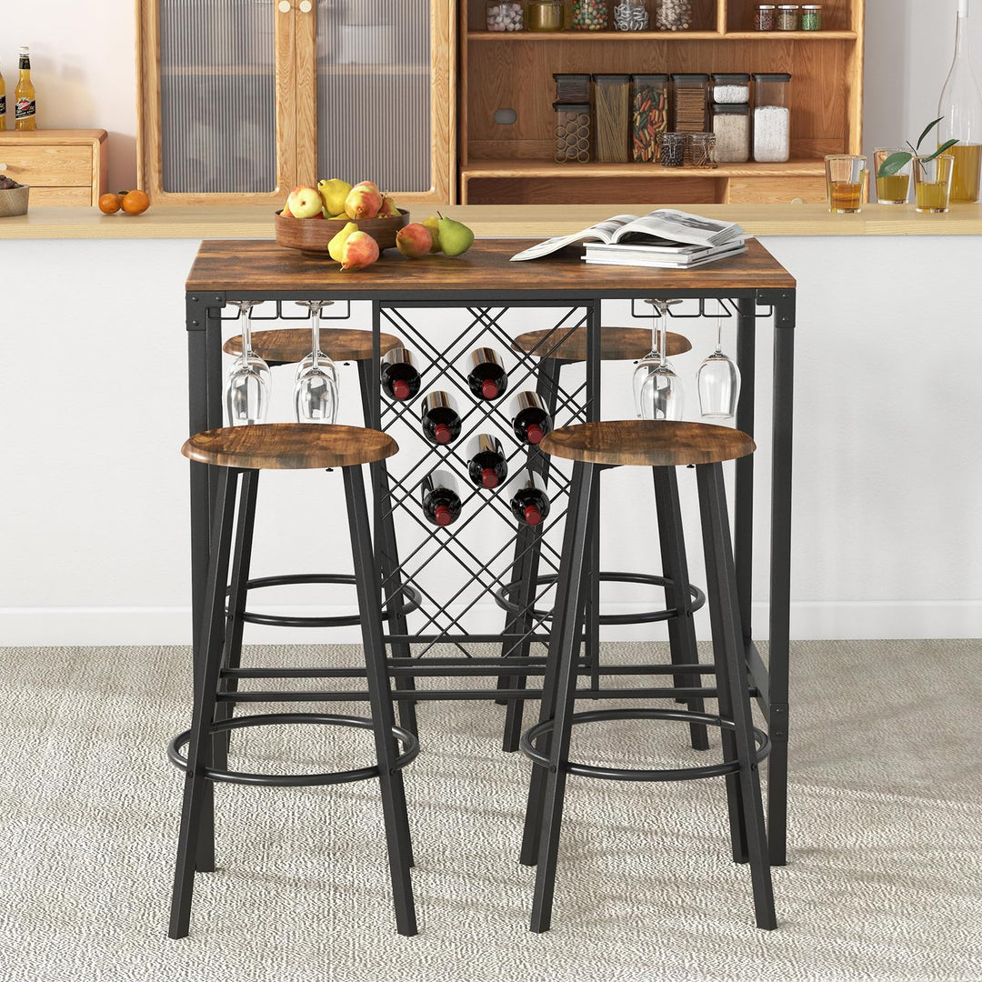 Giantex 5 Pieces Bar Table and Stools Set - Bar Height Table with Stools for 4, Kitchen Table Set with Wine Rack & Glass Holder