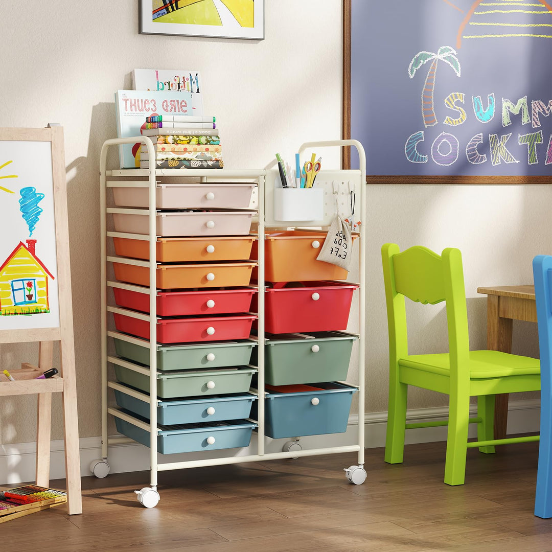 Giantex 14 Drawer Storage Cart | Rolling Craft Cart with Metal Tabletop &amp; Pegboard